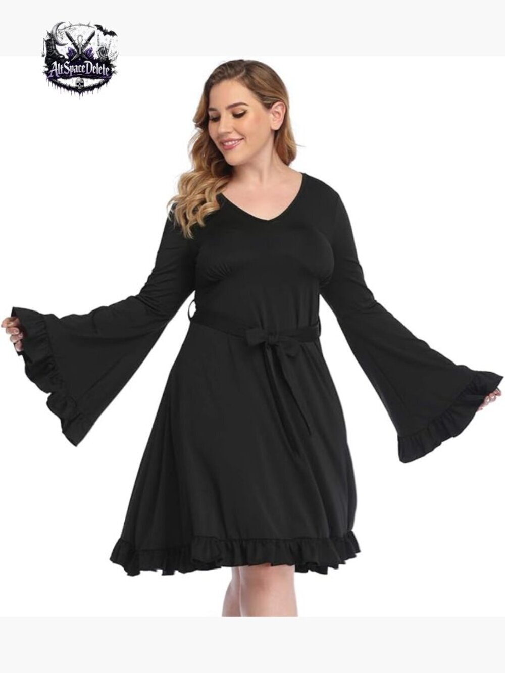 Plus Size Bell Sleeve A-Line Dress with Tie Belt, V Neck, Knee Length